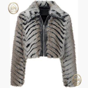 Faux Fur Leather Jacket Fleece Cropped Warm Fluffy Coat Zip Outerwear